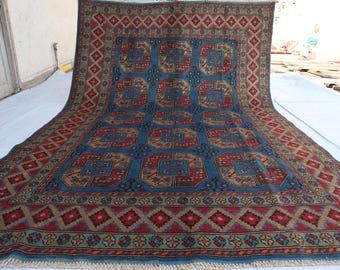 7x10 Ft Large Navy Blue Akhcha Handmade  Rug, Afghan High Pile Rug Turkmen Bokhara Area rug Living Room rug, Tribal Rug, Bedroom Office rug