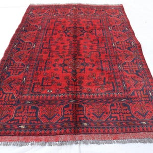 3x5 Ft Bokhara Afghan Red Rug, Turkmen Oriental Geometric Rug, Khal Mohammedi Bukhara Afghan Handmade Rug, Livingroom, Décor office Area Rug