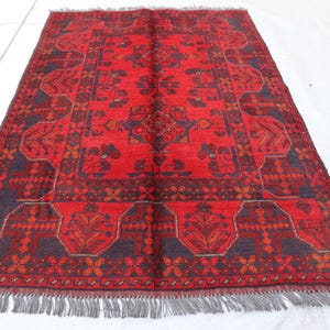 3x5 Ft Afghan Bokhara Red Rug, Turkmen Oriental Geometric Rug, Khal Mohammedi Bukhara Afghan Handmade Rug, Livingroom, Décor office Area Rug