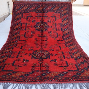 3x5 Ft Turkmen Oriental Geometric Rug, Khal Mohammedi Bukhara Afghan Handmade Rug, Afghan Red Bokhara Rug, Livingroom, Décor office Area Rug