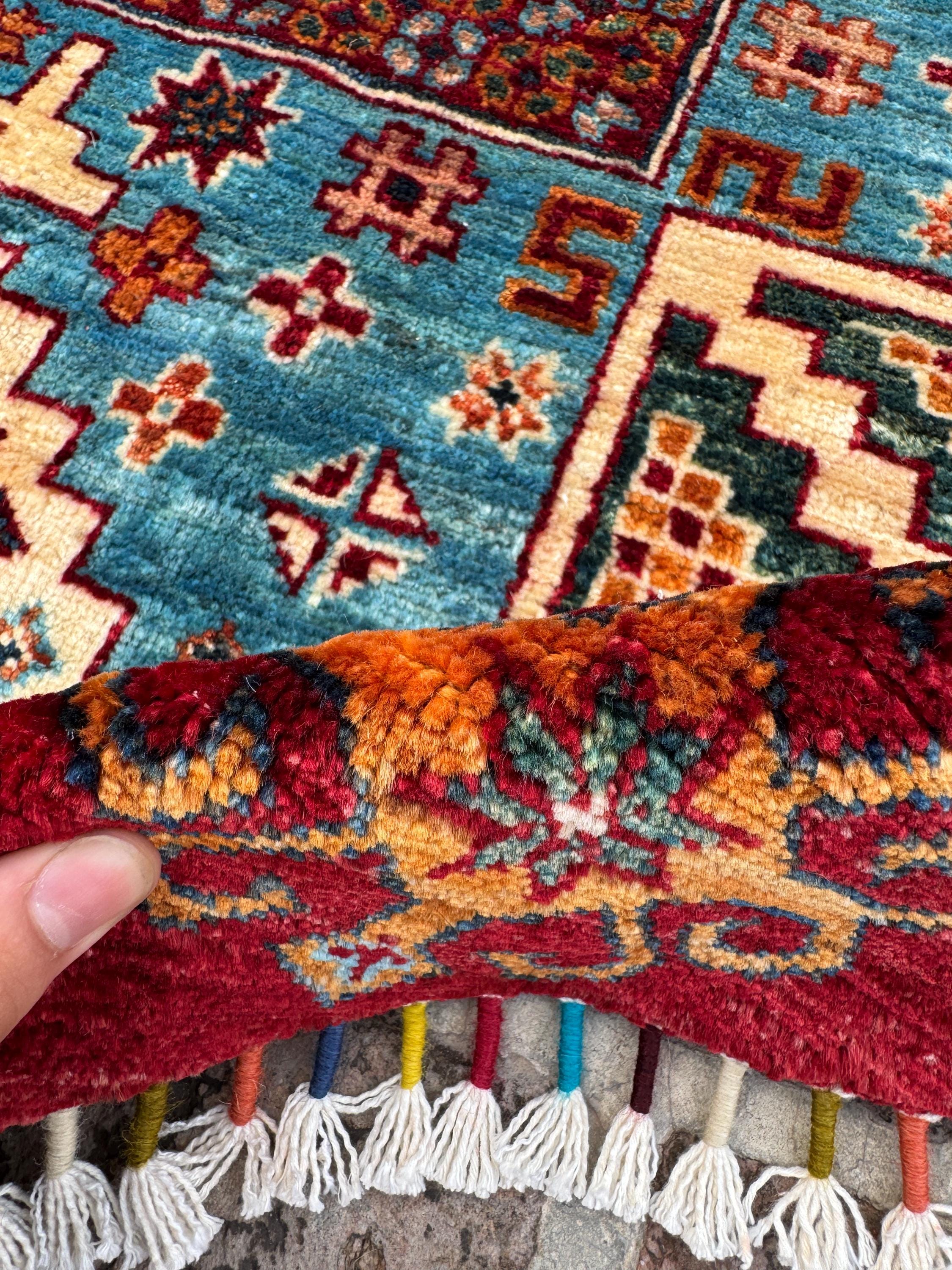 Tapis rond 4x4 en laine afghane fait main - Tapis tribal géométrique turquoise et rouge - Détails noués à la main pour le salon ou la chambre à coucher - Tapis cadeau - France