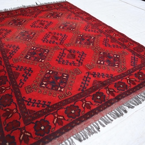 3x5 Ft Bukhara Afghan Rug, Red Khal Mohammedi Afghan Handmade Rug, Turkmen Oriental Geometric Rug, Livingroom Décor Rug, office Area Carpet