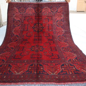 3&#39;5x5&#39;0 Ft Red Afghan Bokhara Rug, Turkmen Oriental Geometric Rug, Khal Mohammedi Bukhara Afghan Handmade Rug, Livingroom, Décor office Rug