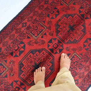3&#39;1x5&#39;0 Ft Red Bokhara Afghan Rug, Turkmen Oriental Geometric Rug, Khal Mohammedi Bukhara Afghan Handmade Rug, Livingroom, Décor office Rug
