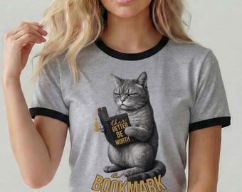 Bookish T-Shirt - Cat Graphic Tee - Black and White Art for Reader - Animal Meme Shirt - Gift for Book Lover