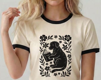Linocut Dog Reading Book Shirt, Bookish Dog Lover Tee, Cottagecore Shirt, Comfort Colors Tee, Ringer T Shirt, Dark Academia Tshirt, Forestco