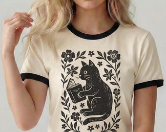 Linocut Black Cat Ringer Tee, Dark Cottagecore Graphic Shirt, Bookish Cat Lover Gift