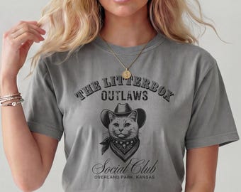 Funny Cowboy Cat Shirt – Personalized City and State Litterbox Outlaws Tee, Vintage Graphic, Ringer or Comfort Colors