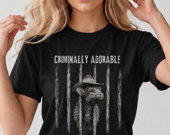 Highland Cow Comfort Colors T-Shirt, Funny Mugshot Cow Tee, Grunge Animal Meme Shirt, Farm Aesthetic Gift, Mini Moo Women