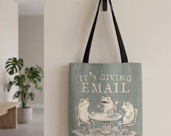 Cute Frog Woven Tote Bag, Funny Cottagecore Frog Lover Coworker Gift, It's Giving Email Meeting Shirt, Sarcastic Office Humor Retiree Tote