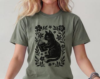 Comfort Colors Black Cat Shirt, Linocut Folk Art Tee, Dark Cottagecore, Dark Academia, Witchy Bookish Cat Lover Gift
