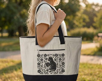 Zippered Canvas Tote Bag, Black Cat Reading Linocut Print, Dark Cottagecore, Bookish Gift, Cat Mom Bag, Folk Art Tote