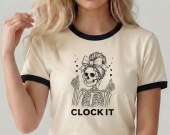 Skeleton Graphic Comfort Colors T-Shirt, Clock It Funny Attitude Tee, Grunge Coquette Skull Bow Shirt, Viral TikTok Aesthetic