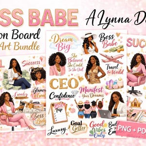 Pode incluir: Um pacote de clip art digital intitulado "BOSS BABE Vision Board" com ilustrações de mulheres, frases motivacionais e gráficos relacionados a negócios. O design inclui o texto "LEVEL UP", "SUCCESS", "CEO" e "Manifest Your Dreams". O pacote está em formatos PNG e PDF.