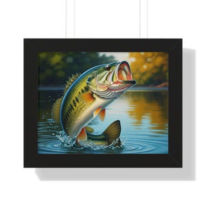 Bass Fishing Framed Poster | Rustic Wall Art, Fisherman Gift, Cabin Decor, Nature Lover&#39;s Art, Fishing Enthusiast Decor