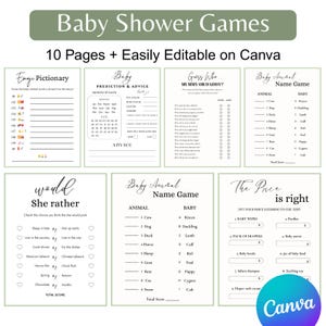 May include: A collection of printable baby shower games, including "Emoji Pictionary," "Guess Who," and "The Price is Right." The games are designed with a minimalist aesthetic and are easily editable on Canva. The image features a light green banner with the text "Baby Shower Games."