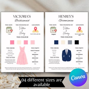 Peut inclure: Deux modèles d'annonces de mariage. Un pour les demoiselles d'honneur avec une illustration de robe rose, et un pour les garçons d'honneur avec une illustration de costume bleu marine. Les deux incluent la date, le lieu et la palette de couleurs. Le texte indique "04 différentes tailles sont disponibles."