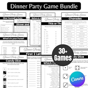 May include: A collection of dinner party games, including charades, trivia, and dice games. The games feature a variety of prompts and challenges. The bundle includes over 30 games. A Canva logo is in the bottom right corner.