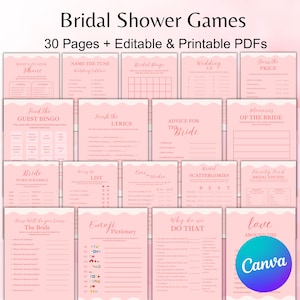 Könnte beinhalten: Eine Sammlung von rosa Brautparty-Spielvorlagen. Die Spiele umfassen "Was ist auf Ihrem Telefon", "Nenne die Melodie", "Braut-Bingo", "Hochzeit A-Z" und "Schätze den Preis". Das Set enthält auch "Finde das Gast-Bingo" und "Ratschläge für die Braut".