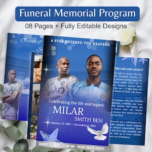 May include: A funeral memorial program with a blue and white design. The cover features photos of two men, the text "Celebrating the life and legacy" and the names "Milar Smith Ben". The program includes the text "08 Pages + Fully Editable Designs".