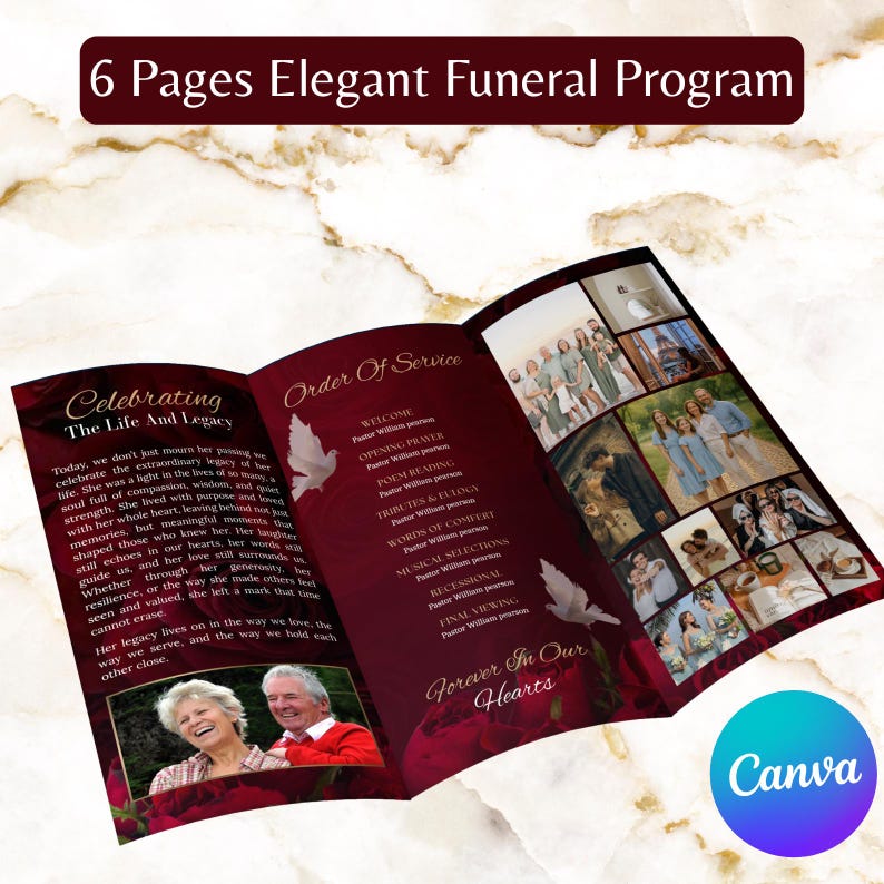 Trifold Red Roses Funeral Program Template, Canva Editable Celebration