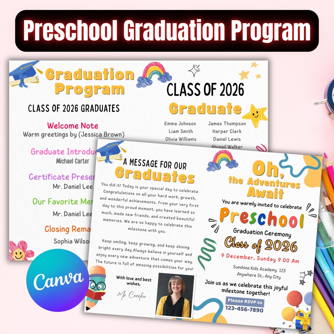 Pre K Graduation Program Example Preschool Graduation Invitation Program Template Canva, Editable Pre K ...