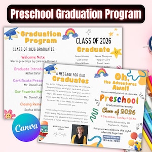 Op de afbeelding: Een aankondiging van het afstudeerprogramma voor de kleuterschool met een witte achtergrond en kleurrijke accenten. Het ontwerp bevat tekst, illustraties van een regenboog, sterren en een afstudeerhoed. De aankondiging bevat de namen van de afgestudeerden van de klas van 2026.