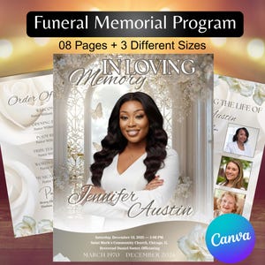 Può includere: Un programma commemorativo funebre con il testo "Funeral Memorial Program" e "In Loving Memory". Il programma presenta una foto di una donna di nome Jennifer Austin, con foto e testo aggiuntivi. Il programma ha 08 pagine ed è disponibile in 3 diverse dimensioni.