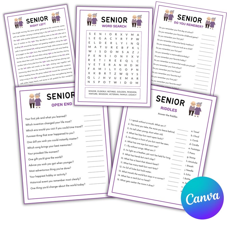 Senior Games Bundle, Printable Brain Games for Seniors Elderly