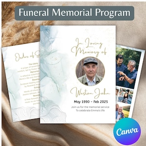 May include: Funeral memorial program with the text "Funeral Memorial Program" at the top. The program includes a photo of a man, the text "In Loving Memory of Weston John," and the dates May 1990 - Feb 2025.