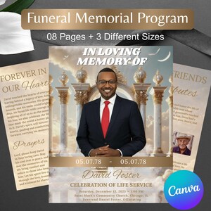 Può includere: Programma commemorativo funebre con il testo "In Loving Memory Of" e una foto di un uomo in giacca e cravatta. Il programma include il testo "Celebration of Life Service" e "08 Pages + 3 Different Sizes".