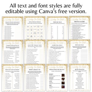 May include: A collection of printable game cards with gold borders and various game titles, including "What's Your Favourite?" and "Trivia Game." The text "All text and font styles are fully editable using Canva's free version" is at the top.