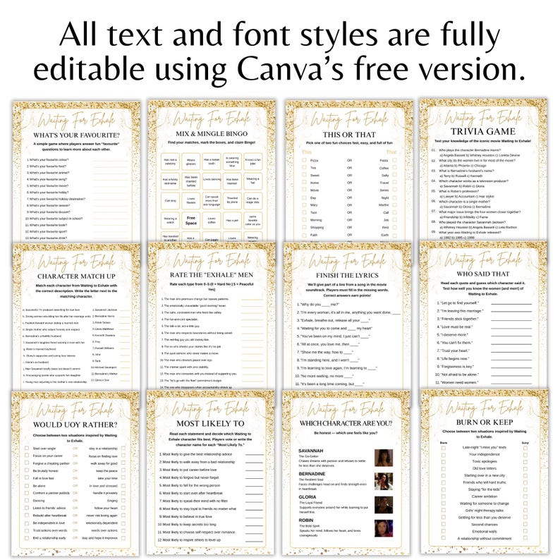 May include: A collection of printable game cards with gold borders and various game titles, including "What's Your Favourite?" and "Trivia Game." The text "All text and font styles are fully editable using Canva's free version" is at the top.