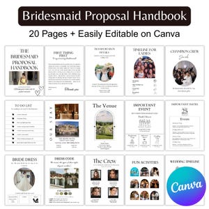 May include: A Bridesmaid Proposal Handbook with 20 pages, easily editable on Canva. The handbook includes sections on the bridesmaid's duties, timeline, venue, and fun activities. The cover features the title and a photo of a woman in a yellow dress.