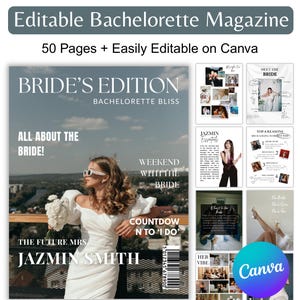 Może przedstawiać: Edytowalna okładka magazynu wieczoru panieńskiego z tekstem "Bride's Edition" i "Bachelorette Bliss". Okładka przedstawia kobietę w białej sukni i okularach przeciwsłonecznych, trzymającą kwiaty. Dodatkowe strony prezentują zdjęcia i tekst. Łatwe do edycji w Canva.