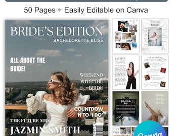 Modèle de magazine EVJF, magazine d'enterrement de vie de jeune fille modifiable sur toile, magazine personnalisé pour la douche nuptiale, idée de fête de mariée amusante