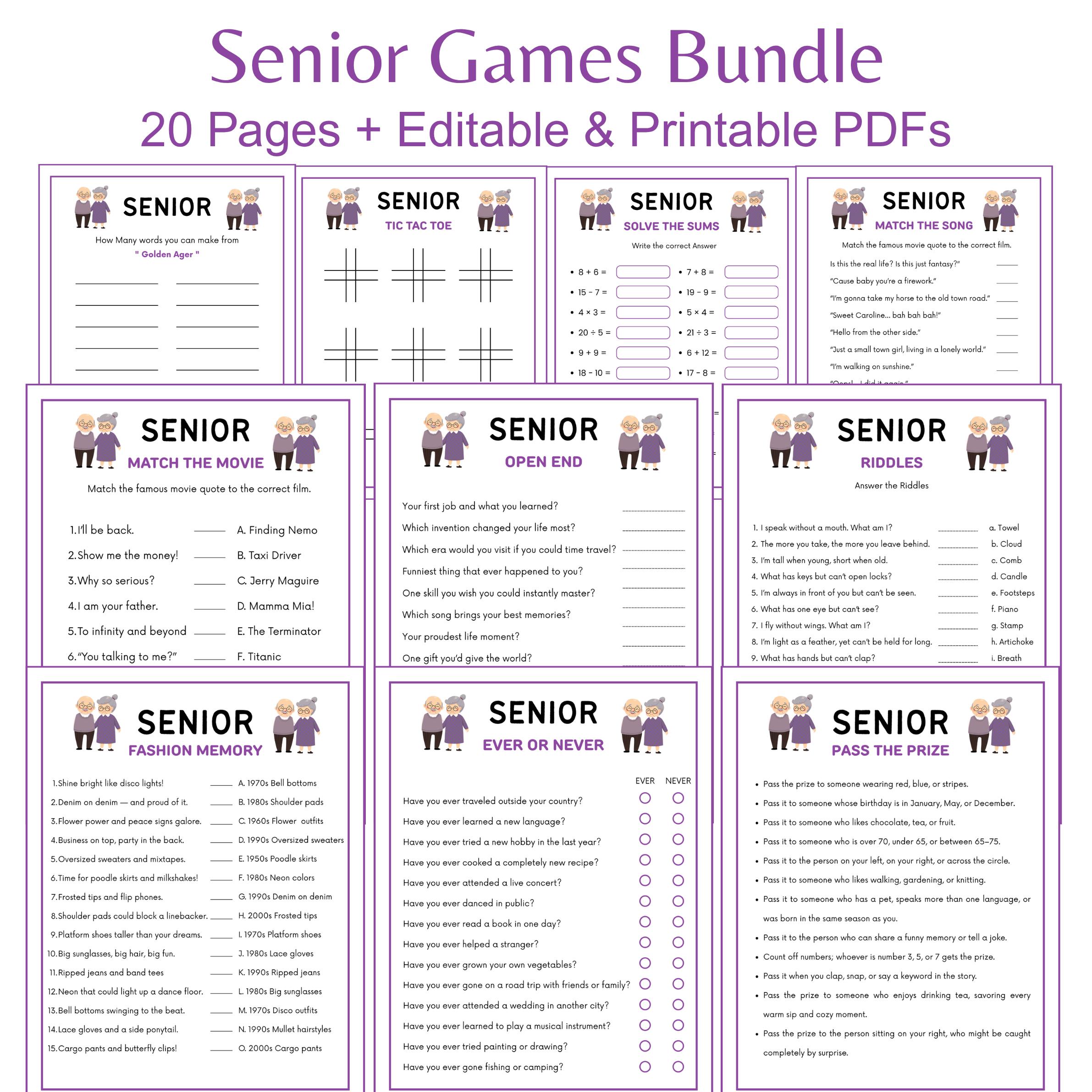 Senior Games Bundle, Printable Brain Games for Seniors Elderly ...