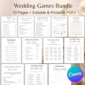 Peut inclure: Un ensemble de jeux de mariage imprimables, comprenant une recherche de mots, un bingo et des mots croisés. Les jeux présentent divers thèmes et activités pour les invités. Le lot comprend 10 pages de PDF modifiables.