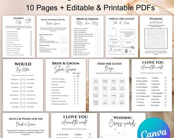 May include: A bundle of printable wedding games, including a word search, bingo, and crossword puzzle. The games feature various themes and activities for wedding guests. The bundle includes 10 pages of editable PDFs.