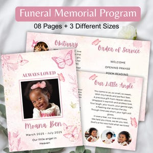 Könnte beinhalten: Ein Trauerprogramm mit einem rosa Schmetterlingsthema. Das Programm enthält einen Nachruf, die Reihenfolge des Gottesdienstes und ein Gedicht mit dem Titel "Our Little Angle". Das Programm zeigt ein Foto eines lächelnden Kindes und den Text "Always Loved".