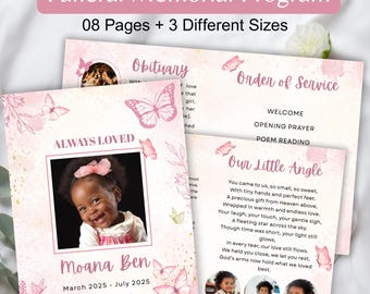 Butterfly Baby Funeral Program, Infant Loss Obituary Program, Child Obituary Memorial Service Canva Editable Designs, 08 Pink Baby Funeral