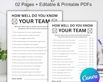 May include: Two-page printable team-building office game. The first page asks "How Well Do You Know Your Team?" with questions about coworkers. The second page has a similar format with different questions. The Canva logo is visible.