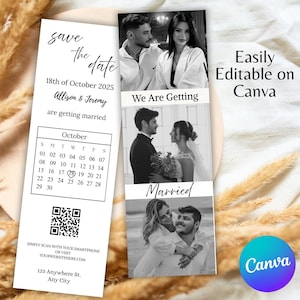 Photo Strip Save the Date Template, Minimalist Wedding Save the Date Photo Booth Strip, Canva Editable Modern Save the Date QR Code Card