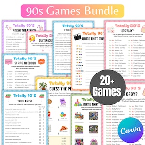 May include: A bundle of 90s-themed games with colorful designs. Includes games like "Finish the Lyrics," "Slang Decoder," and "True or False." The bundle features over 20 games, perfect for a nostalgic game night.