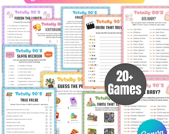 90s Game Bundle Printable, 90s Trivia Party Games, Retro 1990s Theme Party Activity, Totally 90s Birthday Game Night