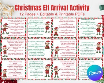 May include: A printable Christmas Elf Arrival Activity with 12 pages of clues and poems. Each page features a festive elf illustration in a red and green theme, perfect for holiday fun. The text is in a clear, easy-to-read font.