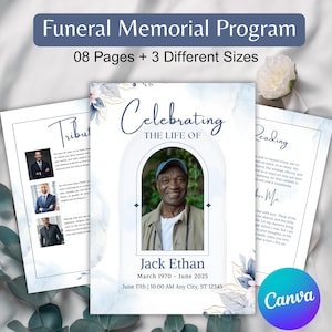 May include: A funeral memorial program with the text "Funeral Memorial Program" and "08 Pages + 3 Different Sizes". The program features a photo of a man and the text "Celebrating The Life Of Jack Ethan". The program includes floral accents.