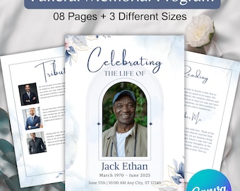 08 Elegant Funeral Program Template, Canva Editable Memorial Program, Memorial Service Designs, Obituary Celebration Of Life Program Digital
