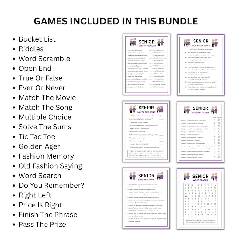Senior Riddle Printabl Senior Games Bundle, Printable Brain Games for Seniors Elderly ...