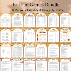 May include: A bundle of printable fall-themed games. The image shows 24 pages with various game titles like "Thanksgiving Trivia", "Word Whiz", and "Autumn Word Scramble". The pages are decorated with fall leaves and pumpkins.